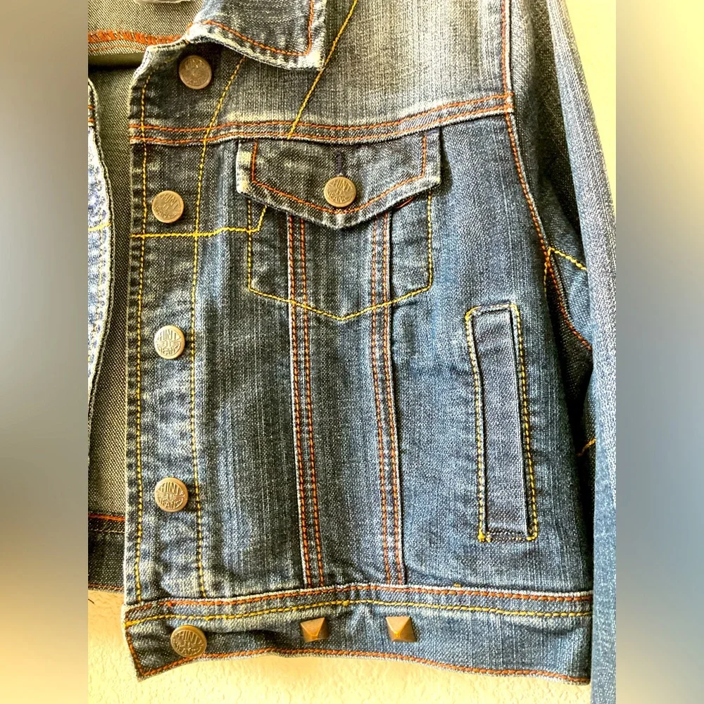 Cropped denim jacket w/ small edgy studs. Red & yellow stitching. Distressed - Picture 2 of 11